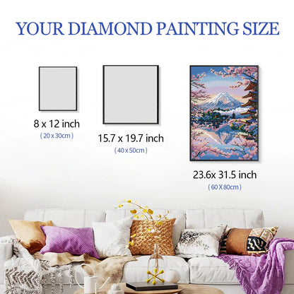 Sakura Dreams of Fuji diamond painting framed on wall above sofa with size guide for clear comparison – FEELOOK Art