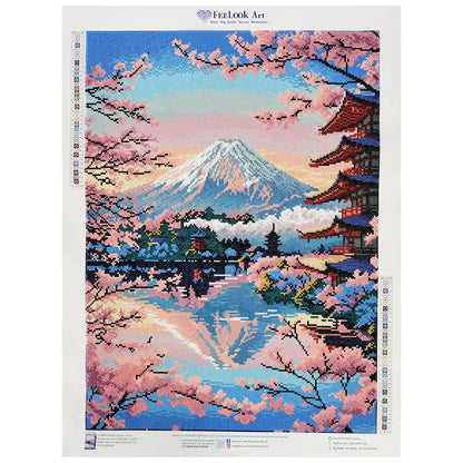 Sakura Dreams of Fuji diamond painting with Mount Fuji and blooming cherry blossoms over a peaceful lake - FEELOOK Art