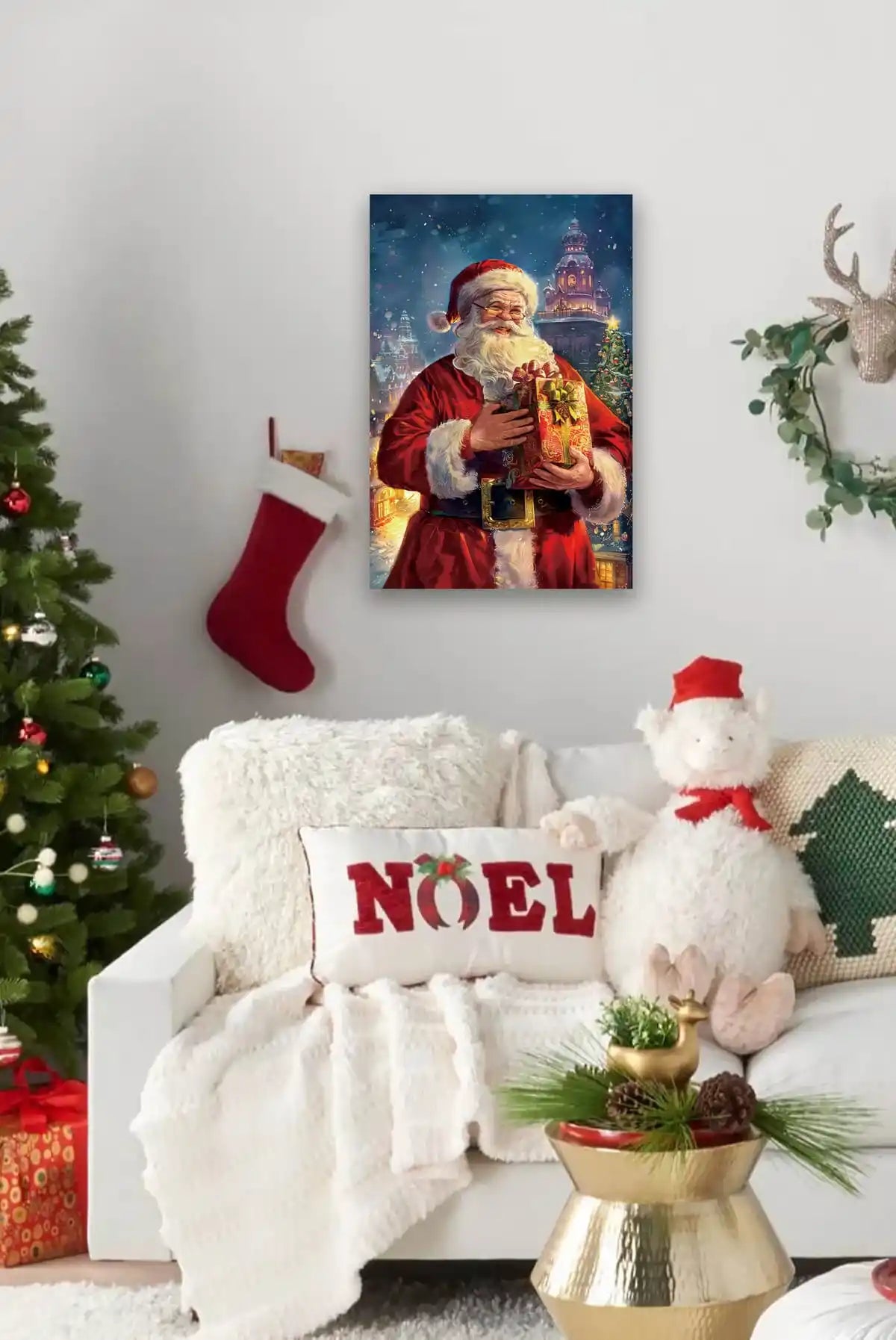 Christmas-themed Santa Claus diamond art in a cozy room setting.