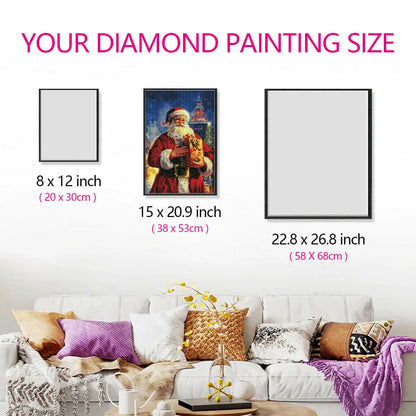 Santa Claus diamond art size guide shown in a living room display.
