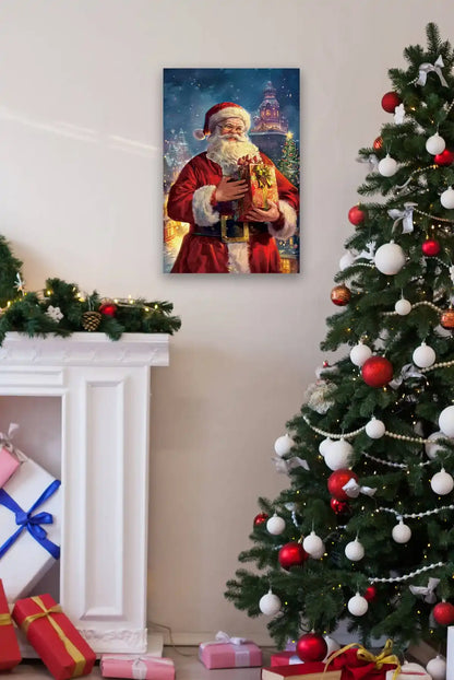 Santa Claus diamond painting on wall, great for Christmas home decor.
