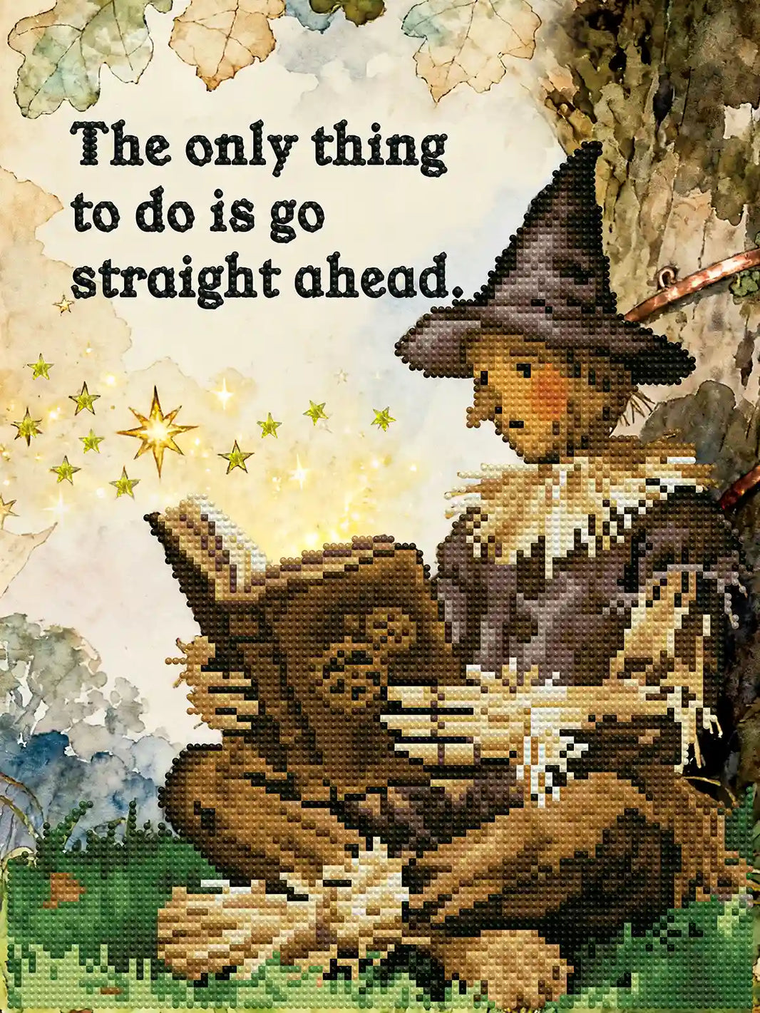 Finished Scarecrow diamond art showcasing sparkling star drills, earthy tones, and a rustic Wizard of Oz illustration – FEELOOK Art