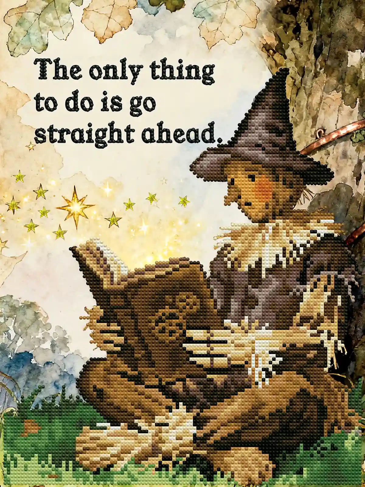 Finished Scarecrow diamond art showcasing sparkling star drills, earthy tones, and a rustic Wizard of Oz illustration – FEELOOK Art