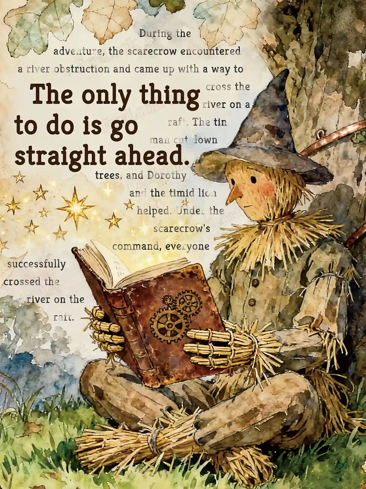 Scarecrow diamond painting featuring a watercolor-style Wizard of Oz character with a gear book and "go straight ahead" quote – FEELOOK Art