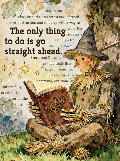Scarecrow diamond painting featuring a watercolor-style Wizard of Oz character with a gear book and "go straight ahead" quote – FEELOOK Art