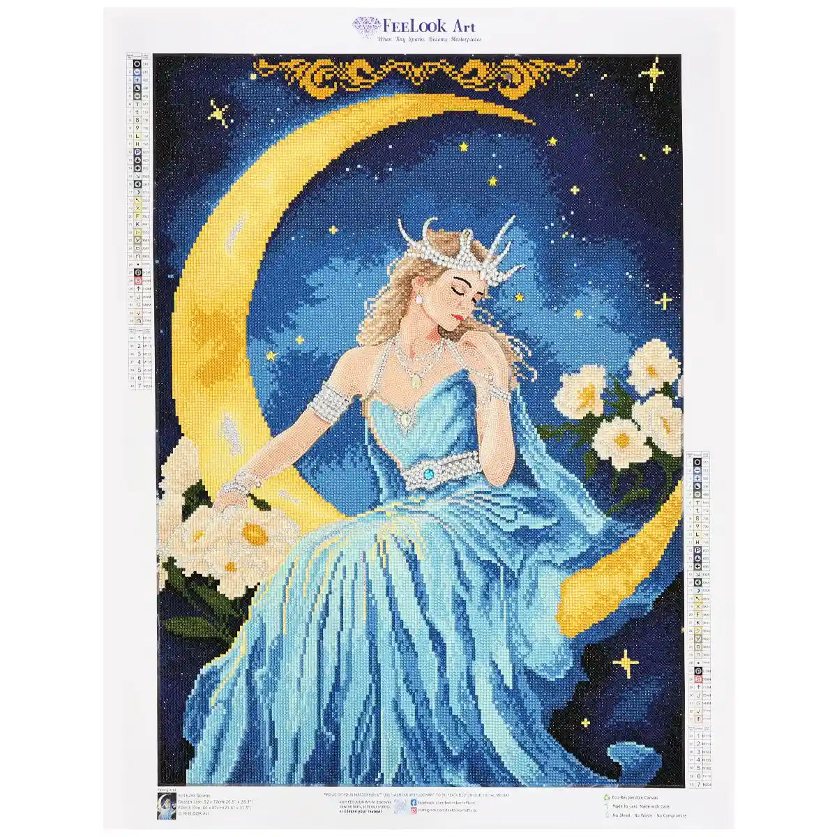 Selene diamond art kits portray the moon goddess in serene silver robes, gliding across a starry night sky with a crescent crown glowing with luminous diamond drills -FEELOOK Art