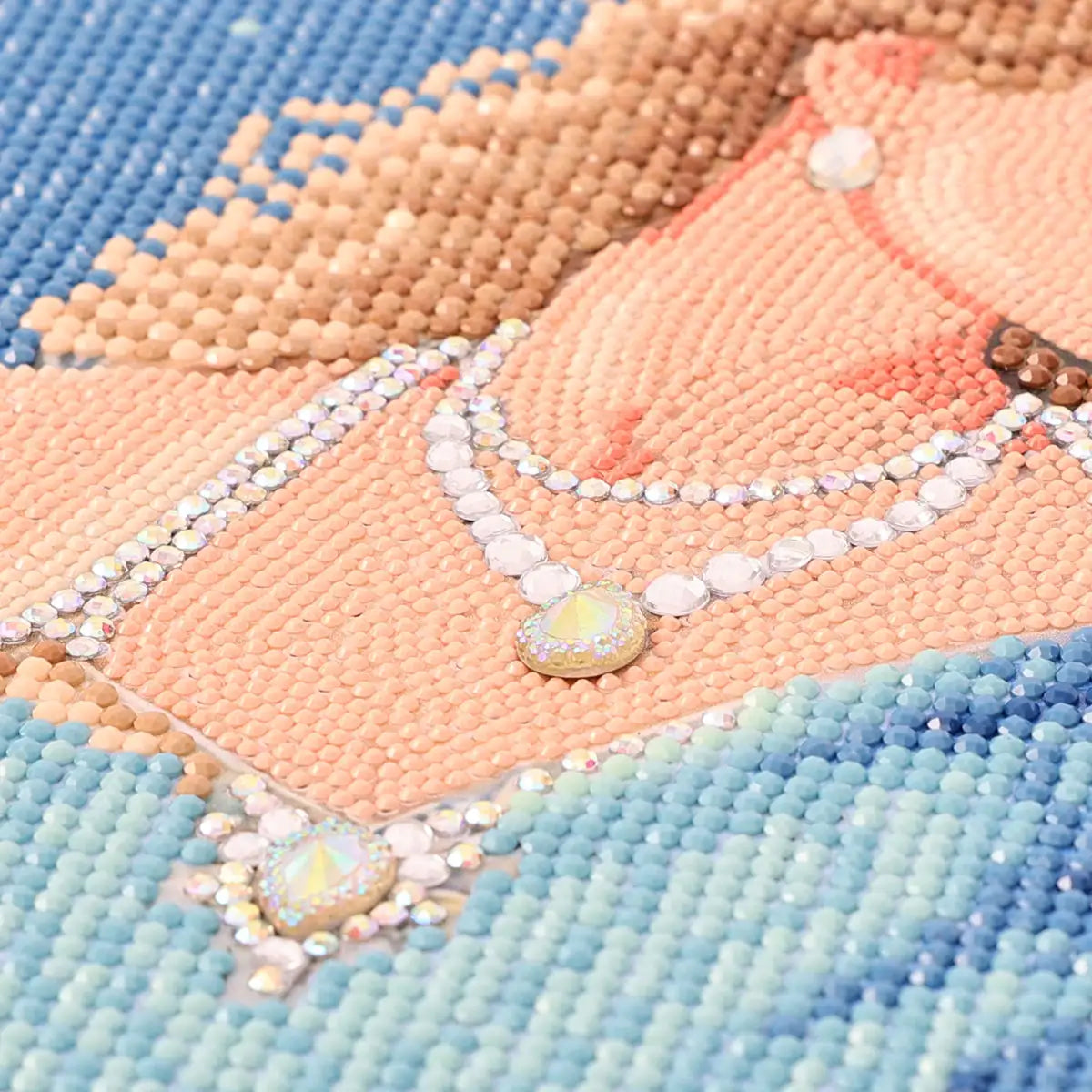 close-up of Selene diamond art kits focusing on the detailed lunar patterns, shimmering gown texture, and radiant face illuminated by cool-toned diamond accents -FEELOOK Art