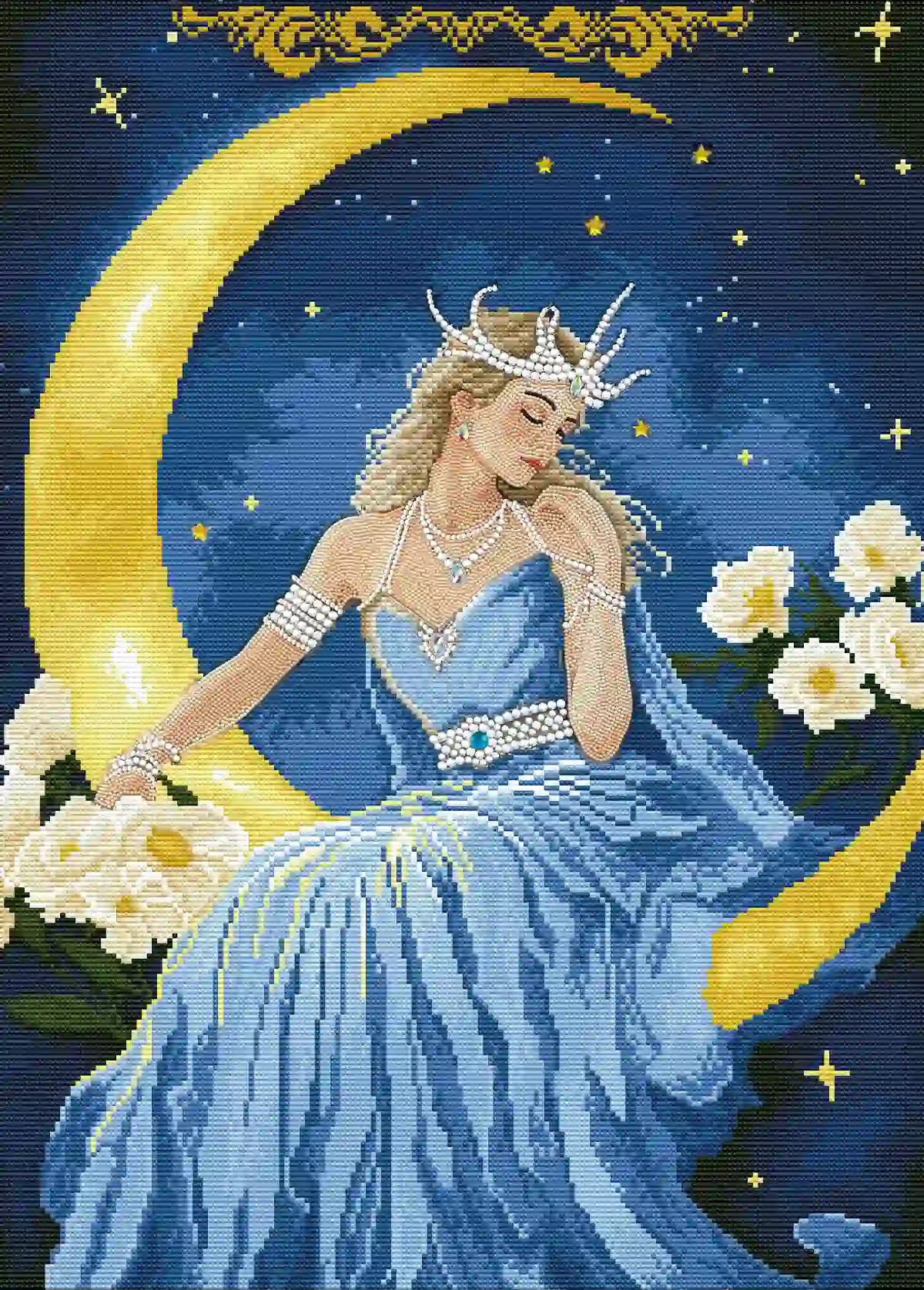 Selene diamond painting finished canvas showing sparkling diamond texture flowing dress details and rich blue tones - FEELOOK Art