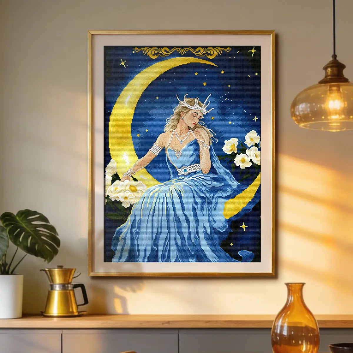 Selene diamond painting framed wall art displayed in a modern living room with warm ambient lighting - FEELOOK Art