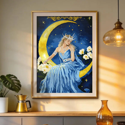 Selene diamond painting framed wall art displayed in a modern living room with warm ambient lighting - FEELOOK Art