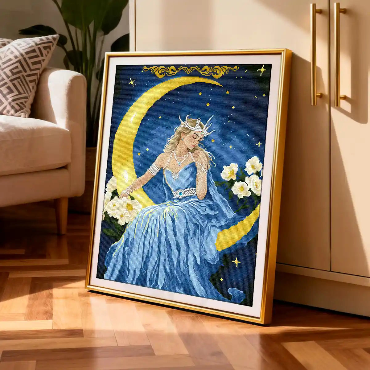 Selene diamond painting wall decor placed in a cozy home interior beside sofa and cabinet - FEELOOK Art
