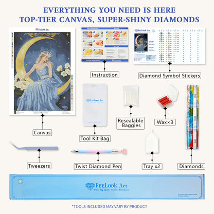 Selene diamond painting kit contents including printed canvas diamonds tools trays wax pen tweezers and instructions - FEELOOK Art