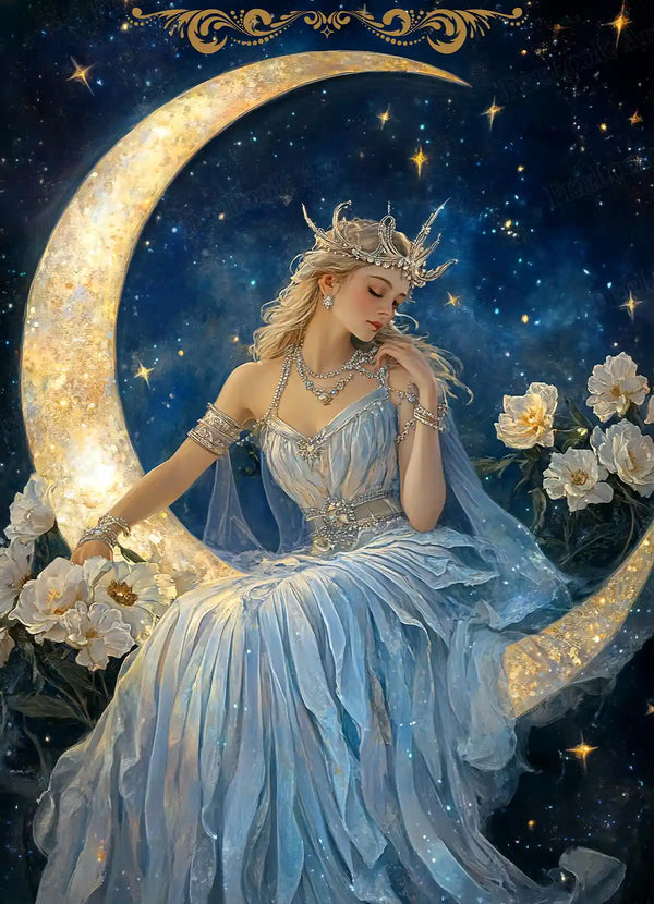 Selene diamond painting featuring a moon goddess on a golden crescent beneath stars and blue skies - FEELOOK Art