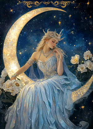 Selene diamond painting artwork featuring moon goddess seated on a golden crescent under a starry night sky - FEELOOK Art