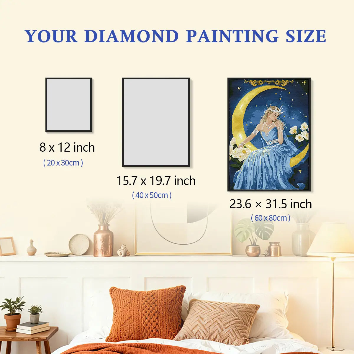 Selene diamond painting size comparison chart showing 20x30cm 40x50cm and 60x80cm canvas options - FEELOOK Art