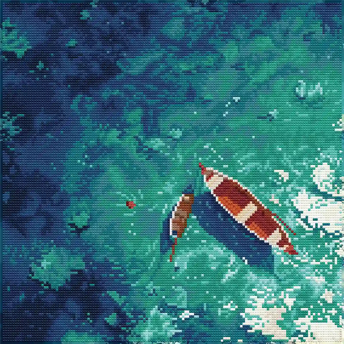 Finished Shallow Boats diamond painting with sparkling rhinestones depicting two boats on turquoise water - FEELOOK Art