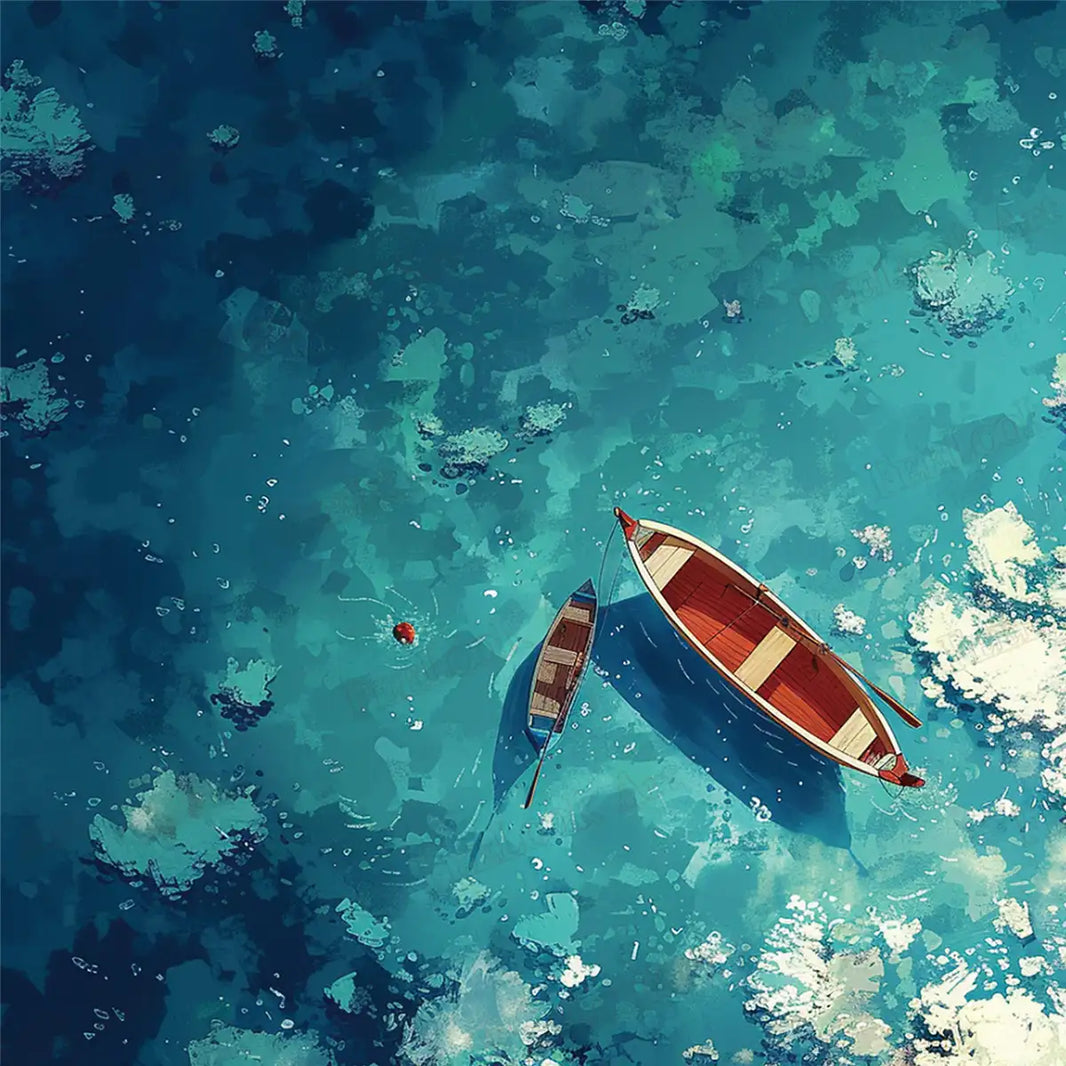 Original Shallow Boats artwork featuring two boats floating on turquoise shallow water - FEELOOK Art