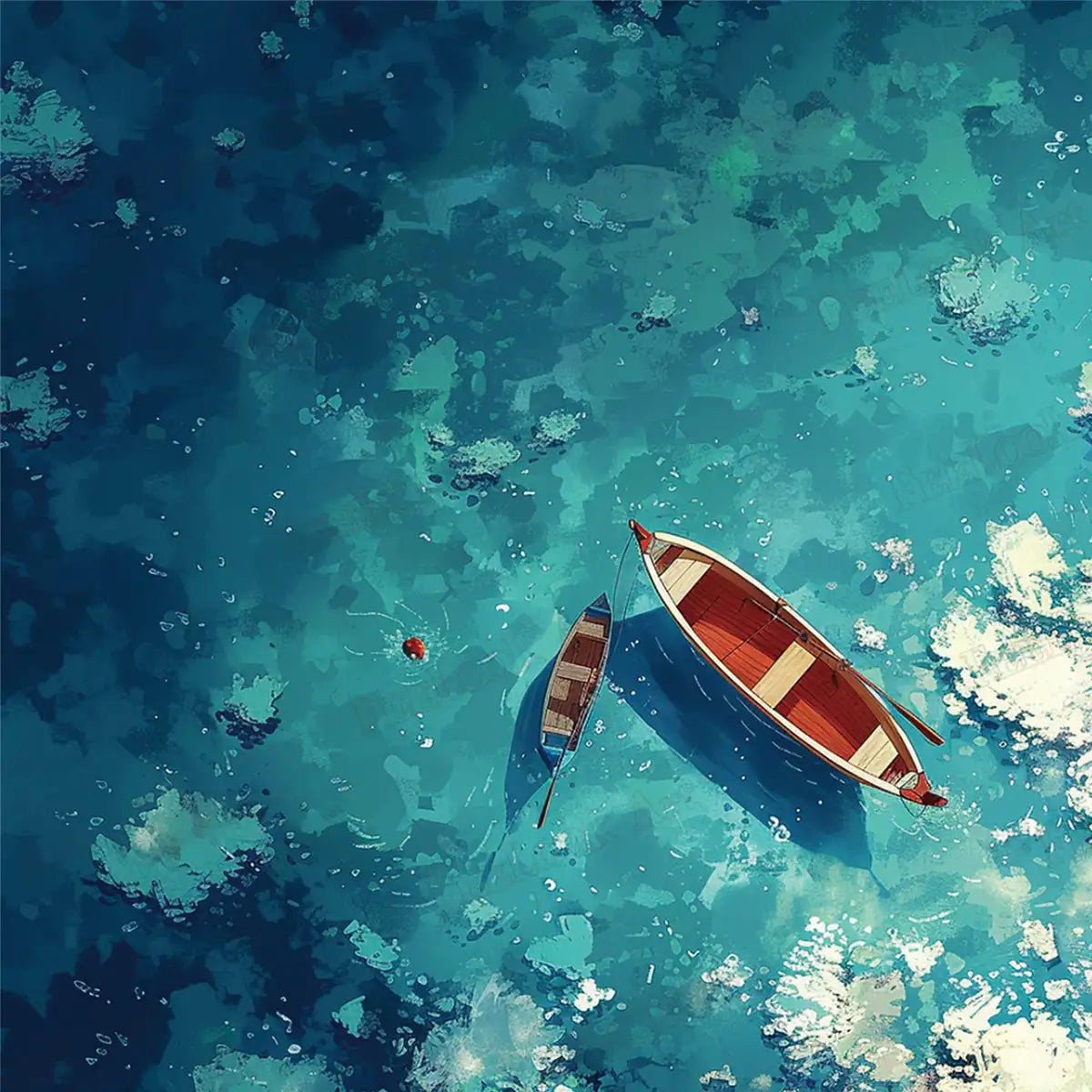 Original Shallow Boats artwork featuring two boats floating on turquoise shallow water - FEELOOK Art