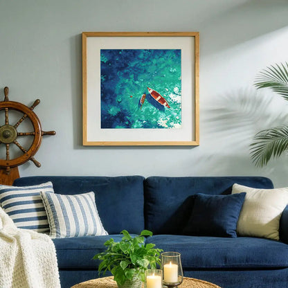Shallow Boats diamond painting displayed on a light blue wall above a navy blue sofa - FEELOOK Art