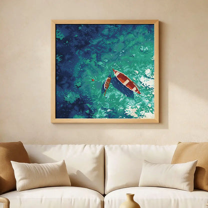 Shallow Boats diamond painting hung on a wall above a beige sofa - FEELOOK Art