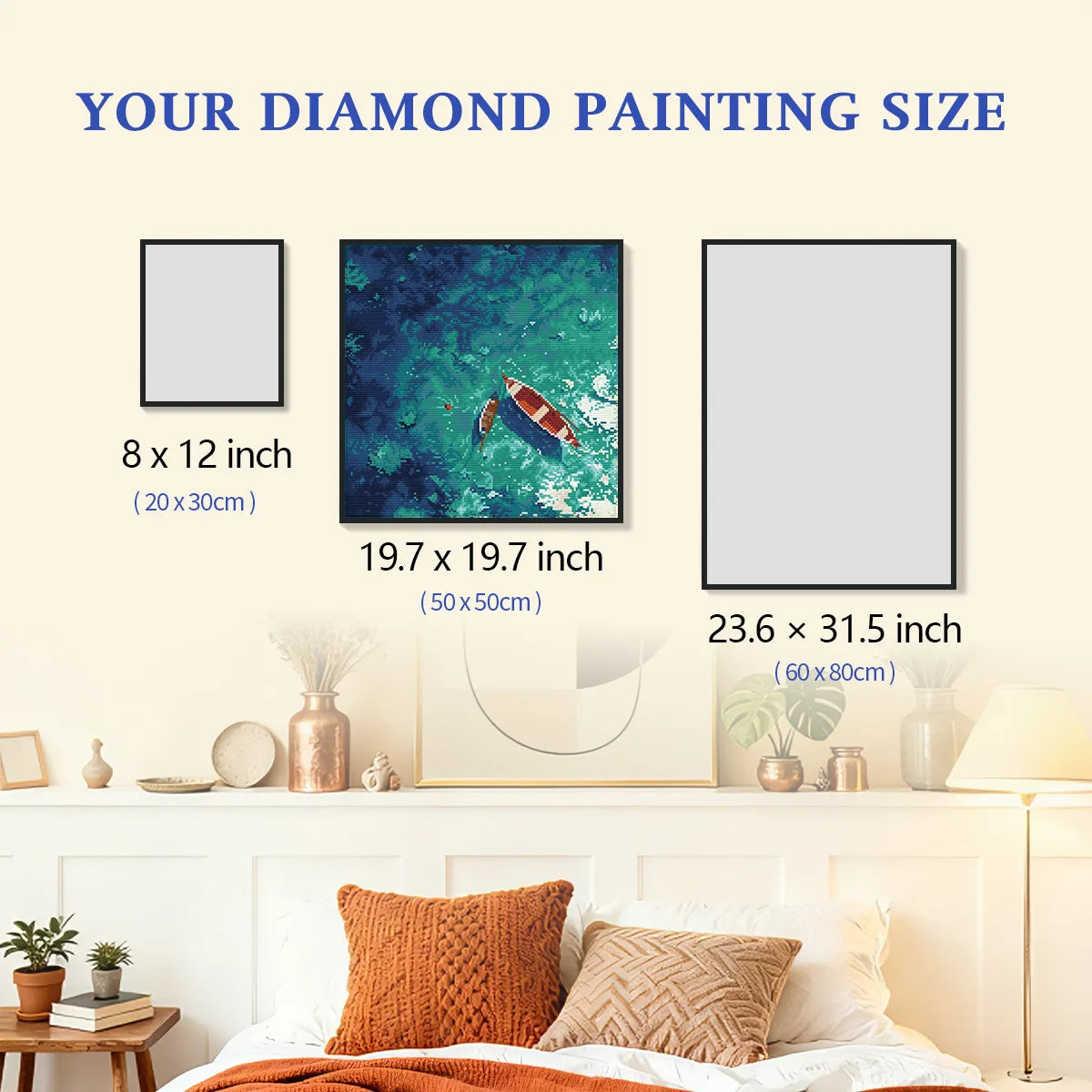 Shallow Boats diamond painting size comparison chart showing - FEELOOK Art