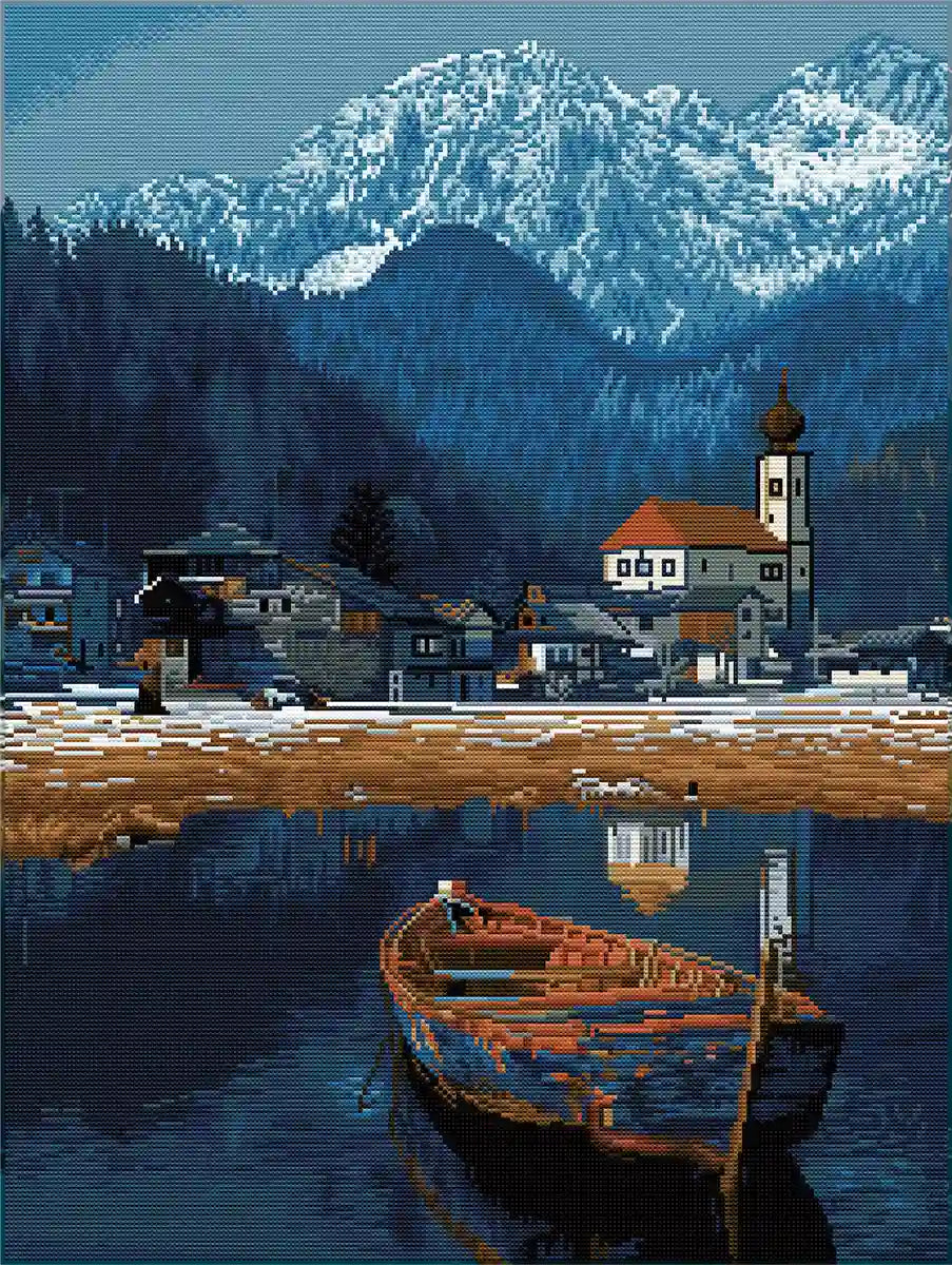 Finished Silent Lake diamond painting with sparkling rhinestones depicting a boat on a mountain lake - FEELOOK Art