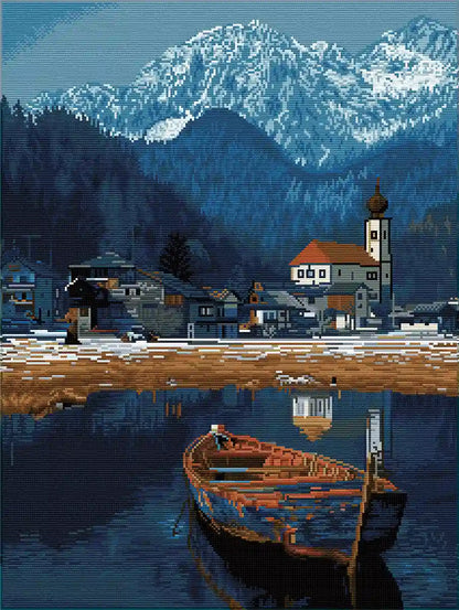 Finished Silent Lake diamond painting with sparkling rhinestones depicting a boat on a mountain lake - FEELOOK Art