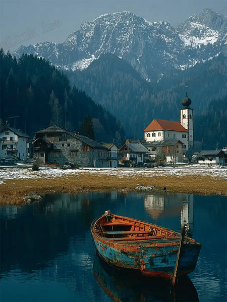 Original Silent Lake artwork featuring a weathered boat on a calm alpine lake with snow-capped mountains - FEELOOK Art