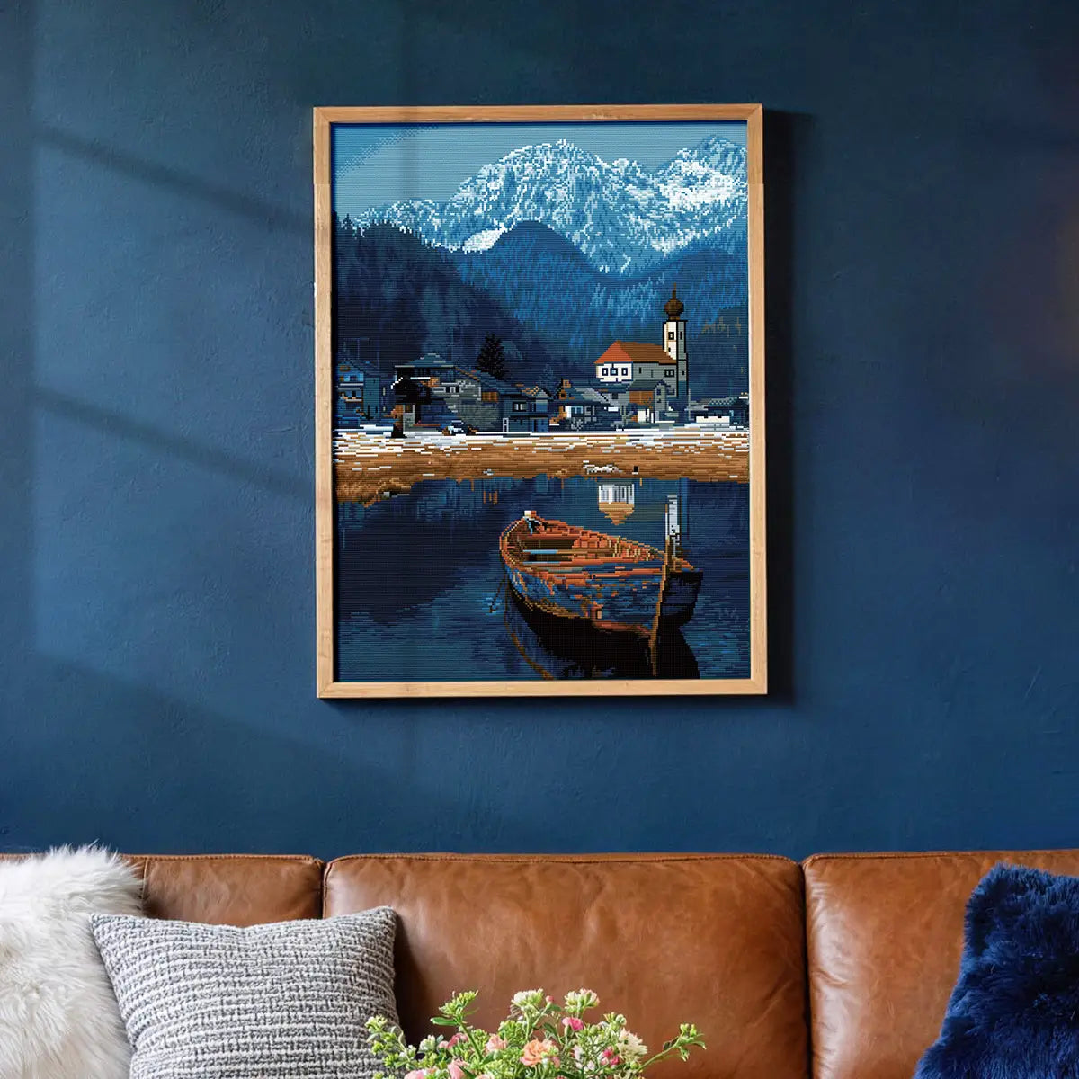 Silent Lake diamond painting displayed on a dark blue wall above a brown leather sofa - FEELOOK Art