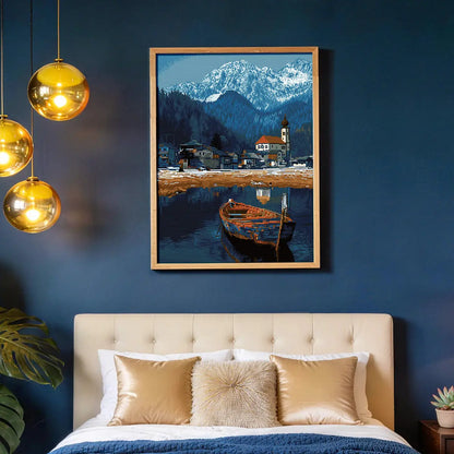 Silent Lake diamond painting hung on a dark blue wall above a bed with gold pillows - FEELOOK Art