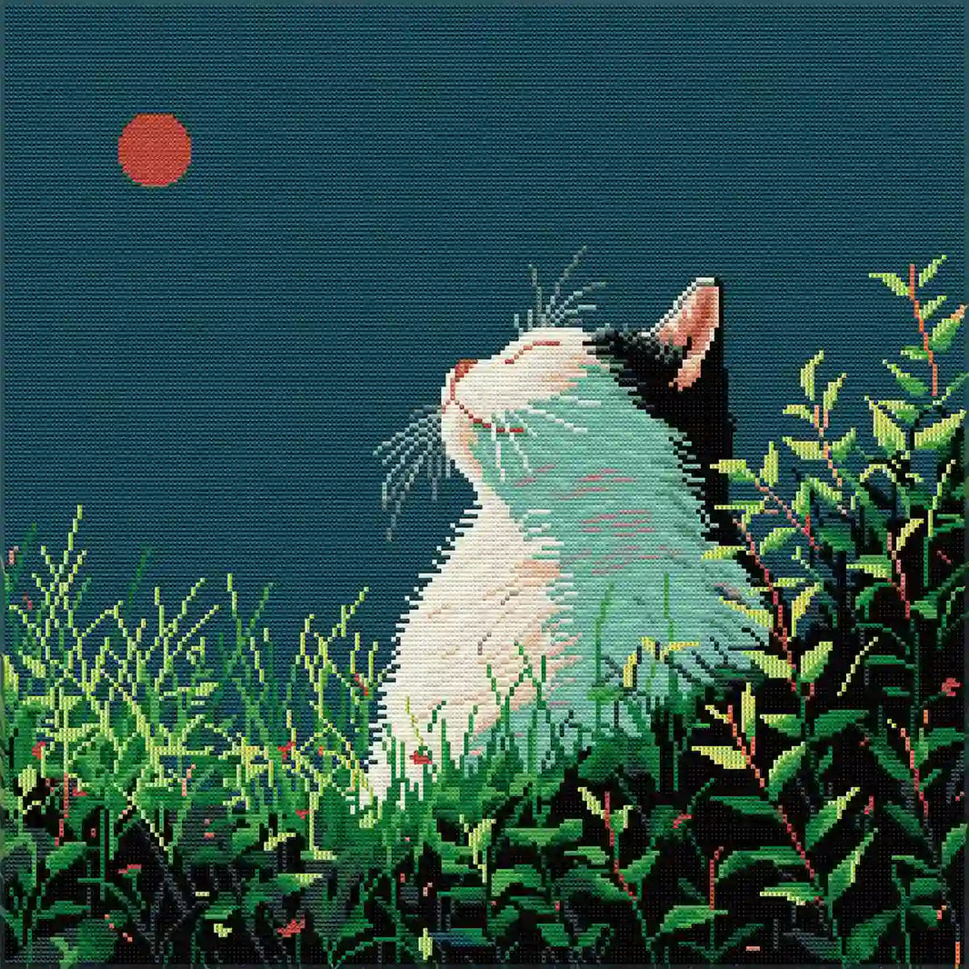 Finished Silent Longing diamond painting with sparkling rhinestones depicting a cat in grass under a red sun - FEELOOK Art