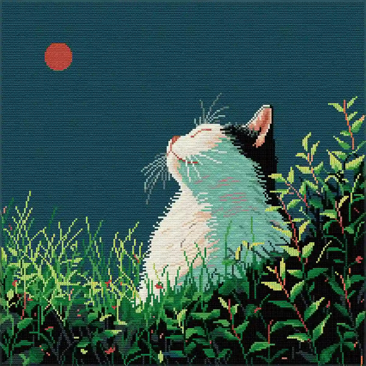 Finished Silent Longing diamond painting with sparkling rhinestones depicting a cat in grass under a red sun - FEELOOK Art
