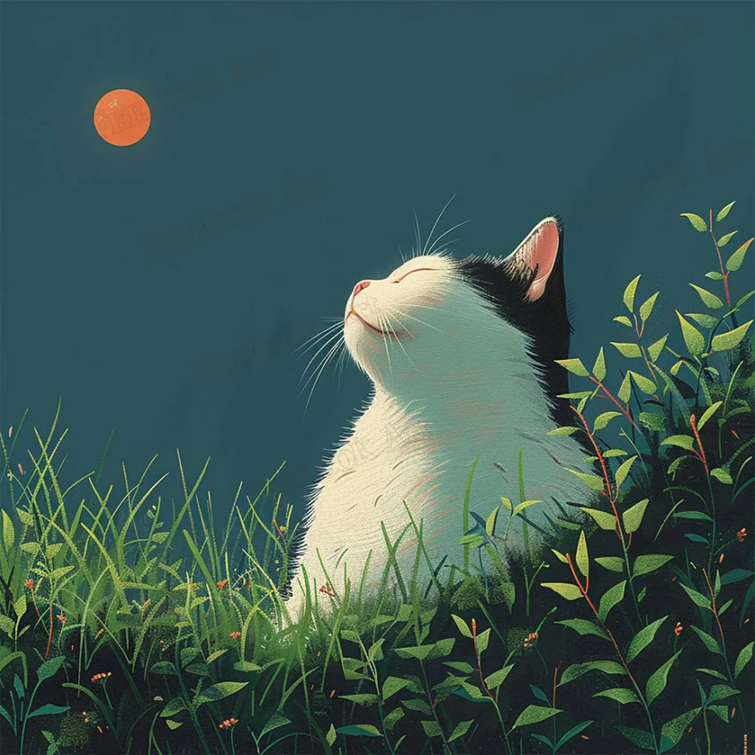 Original Silent Longing artwork featuring a black and white cat in tall grass under a red sun - FEELOOK Art