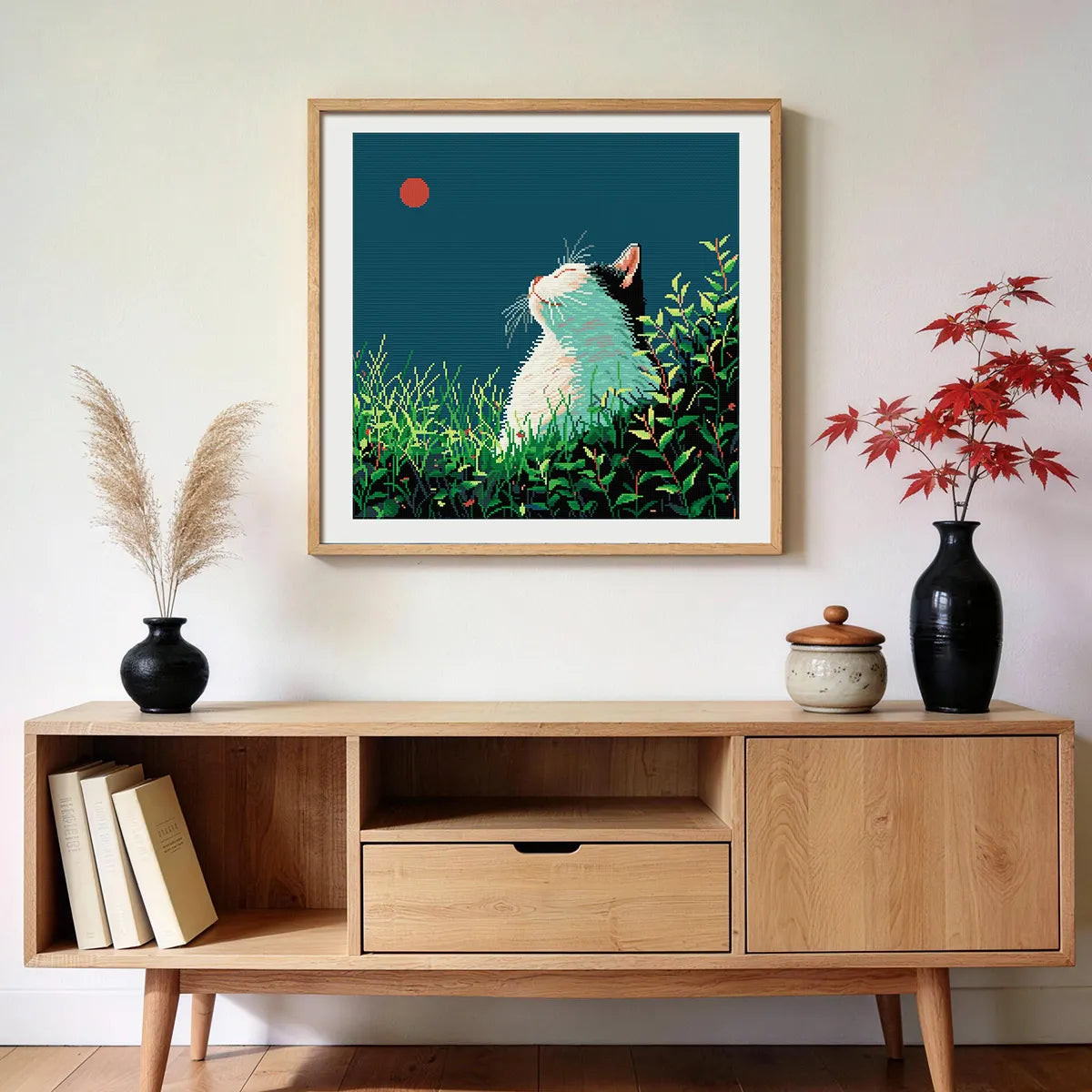 Silent Longing diamond painting displayed on a wooden console table with vases and books - FEELOOK Art