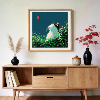 Silent Longing diamond painting displayed on a wooden console table with vases and books - FEELOOK Art