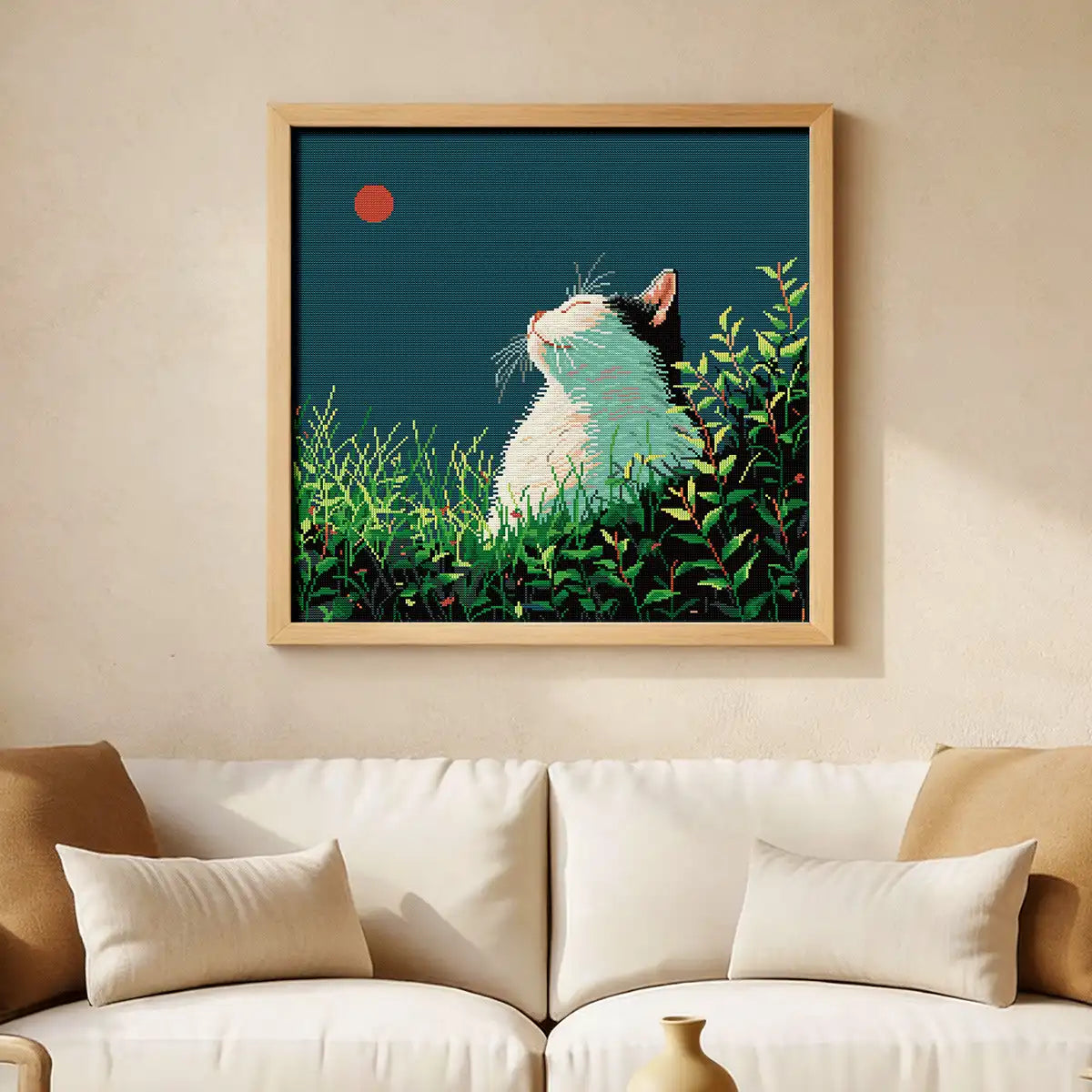 Silent Longing diamond painting hung on a wall above a beige sofa - FEELOOK Art