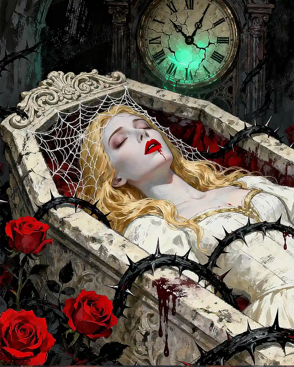 Sleeping Beauty diamond painting featuring the princess peacefully asleep surrounded by a dreamy, enchanted forest – FEELOOK Art
