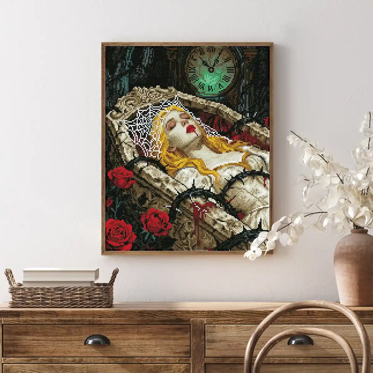 Sleeping Beauty diamond painting displayed in a dreamy home setting, adding enchanted charm – FEELOOK Art
