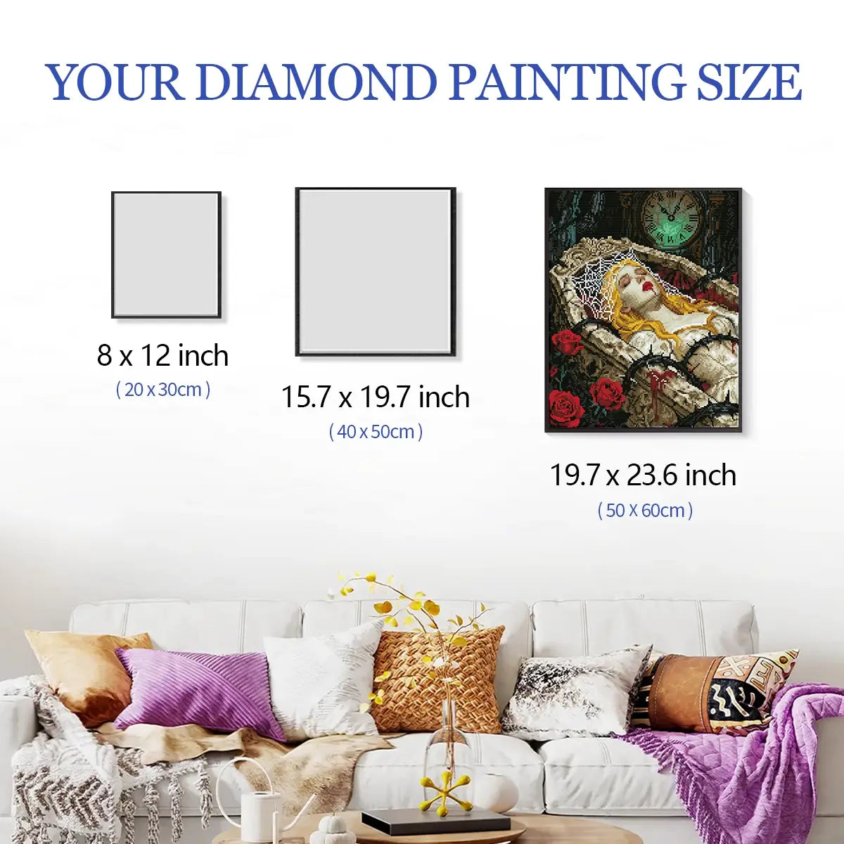 Size reference for Sleeping Beauty diamond painting with hand for scale – FEELOOK Art