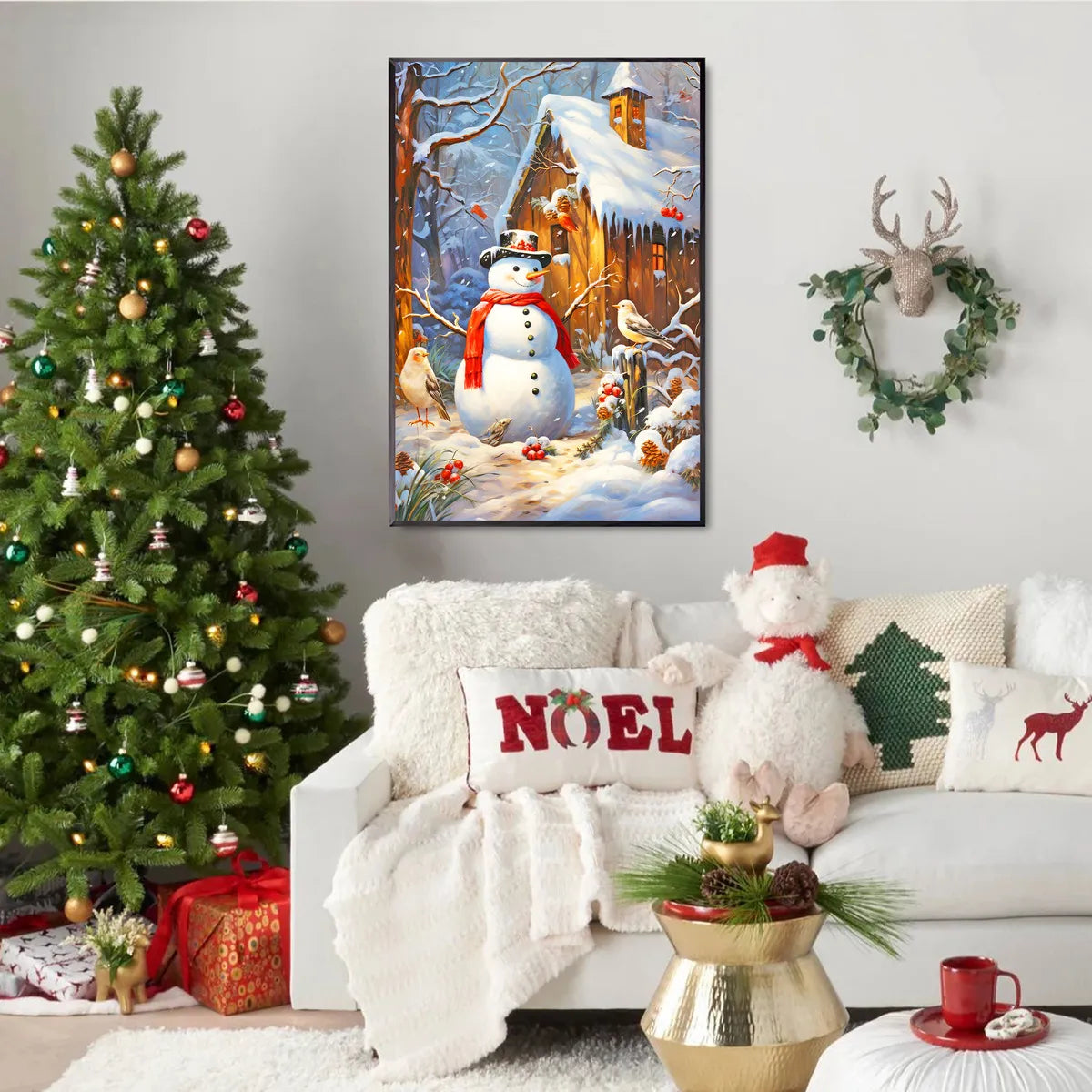 Winter cabin and snowman diamond art displayed in seasonal décor setting.