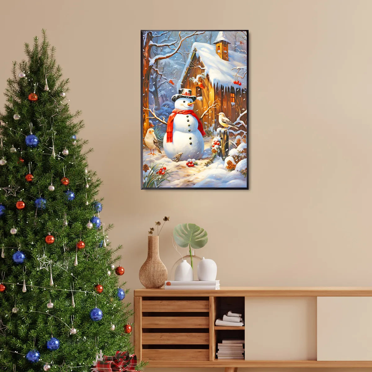 Cozy holiday diamond painting of a snowman framed near a Christmas tree