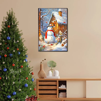 Cozy holiday diamond painting of a snowman framed near a Christmas tree