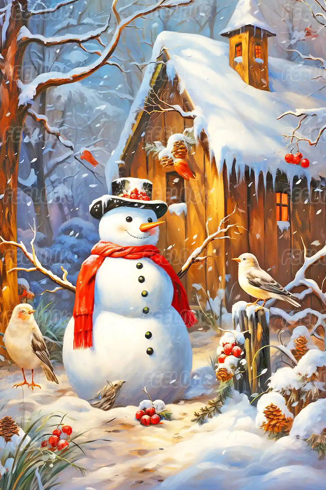 Snowman diamond painting kit featuring a snowy forest, cabin, and cheerful snowman in full drill round diamonds.