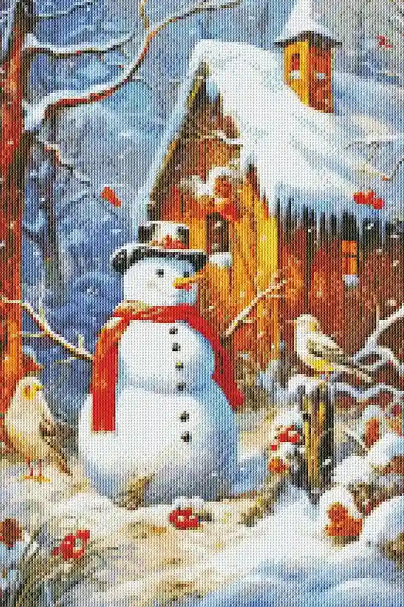 Completed winter scene diamond art with snow-covered trees and cozy wooden cabin.