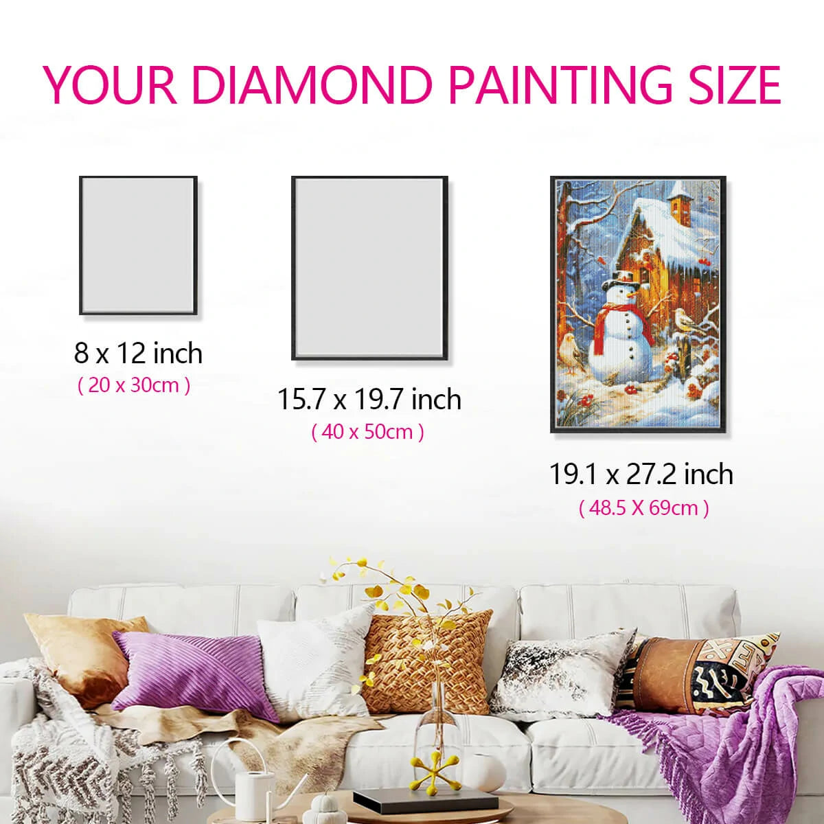 Canvas size chart for Snowman full drill diamond art for beginners.