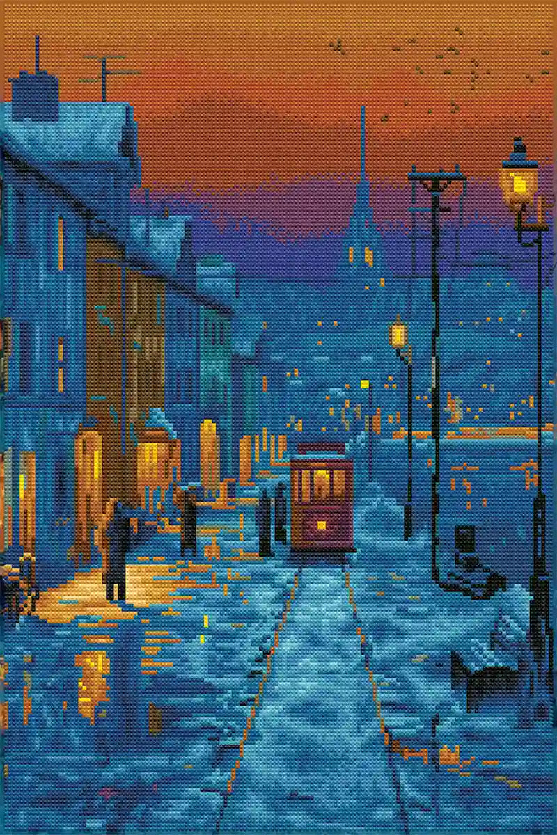 Finished Snowy Street diamond painting with sparkling rhinestones depicting a tram on a snowy street - FEELOOK Art