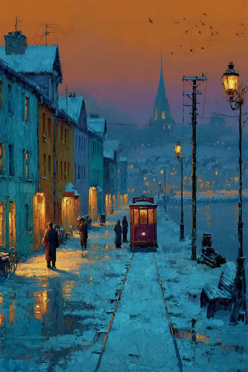 Original Snowy Street artwork featuring a tram on a snow-covered European street at dusk - FEELOOK Art