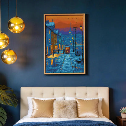 Snowy Street diamond painting hung on a dark blue wall above a bed with gold pillows - FEELOOK Art