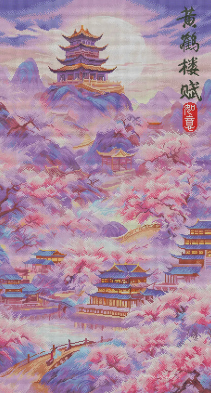 Finished Song of Yellow Crane Tower diamond art with glowing details and shimmering cherry blossoms – FEELOOK Art