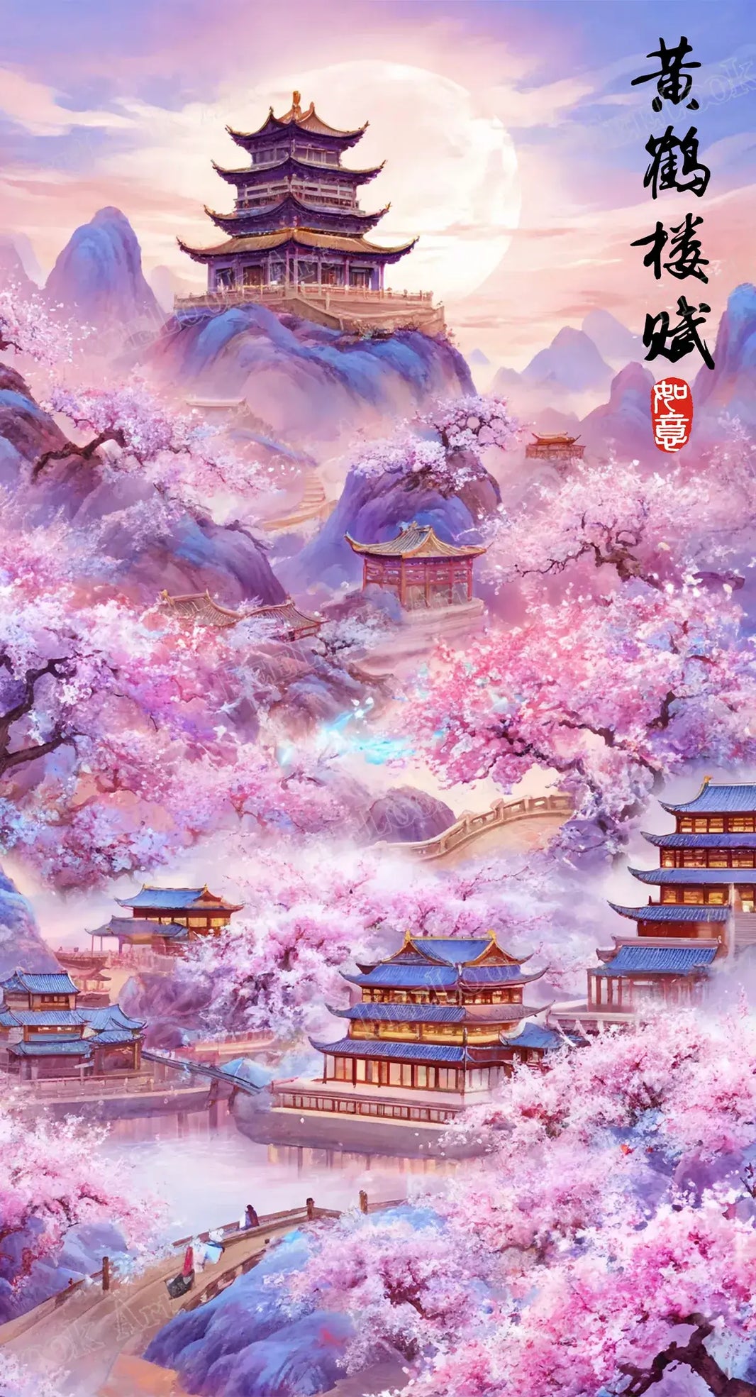 Song of Yellow Crane Tower diamond painting featuring the iconic tower with cherry blossoms and misty mountains – FEELOOK Art